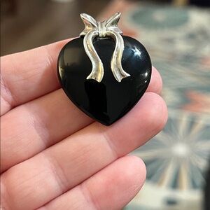 Vintage Art Nouveau Style Sterling Silver Bow Black Onyx Heart Necklace Pendant